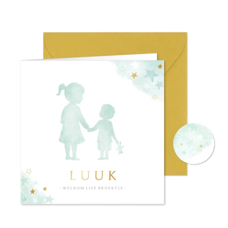 Lief geboortekaartje met silhouet van grote zus en broertje