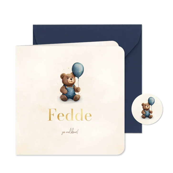 Lief geboortekaartje met teddybeer en blauwe ballon