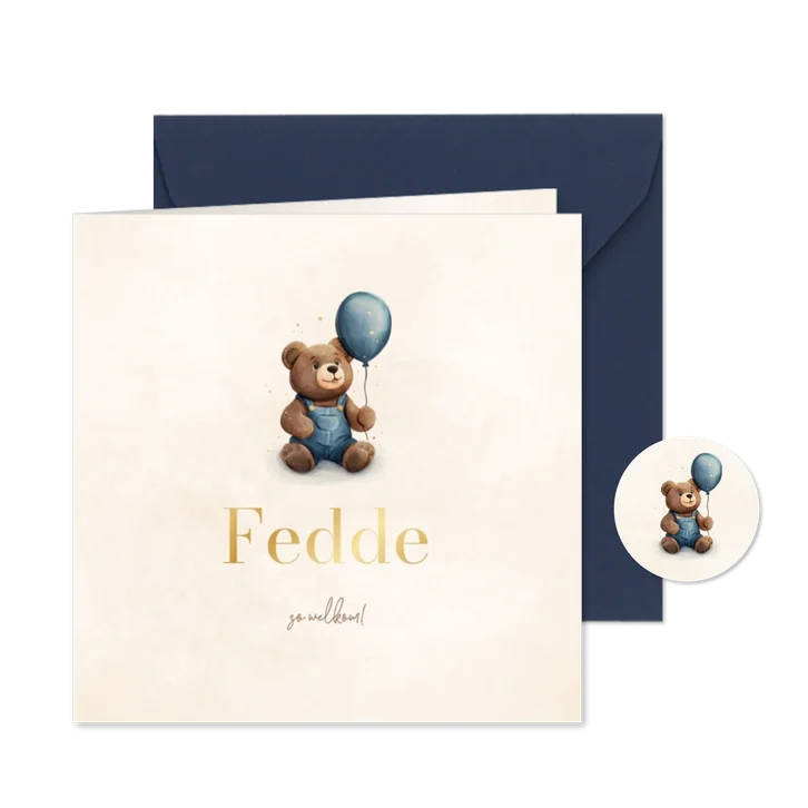 Lief geboortekaartje met teddybeer en blauwe ballon