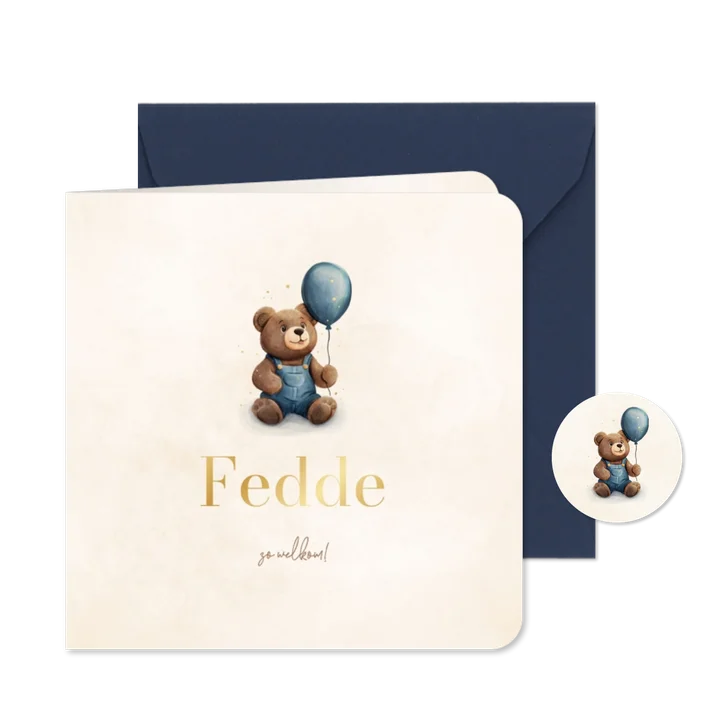 Lief geboortekaartje met teddybeer en blauwe ballon