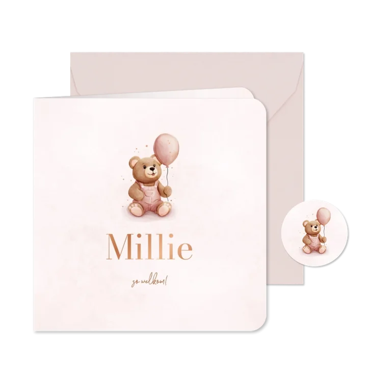 Lief geboortekaartje met teddybeer en roze ballon