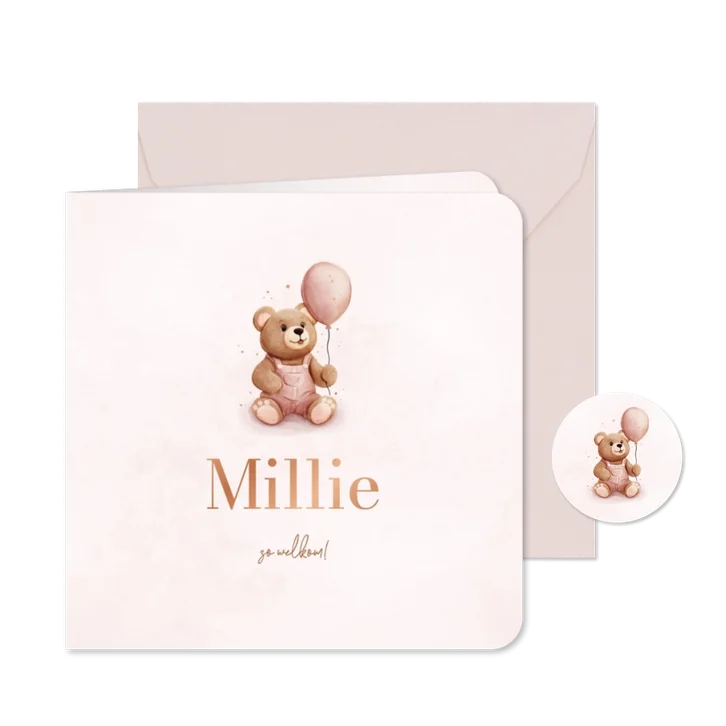 Lief geboortekaartje met teddybeer en roze ballon