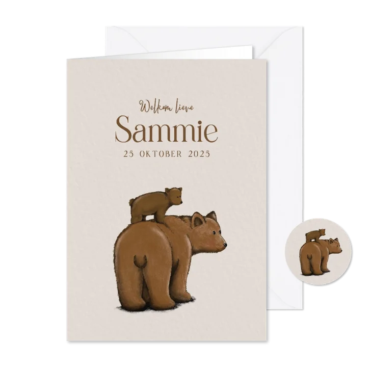 Lief geboortekaartje met tekening van 2 beren in bruintinten