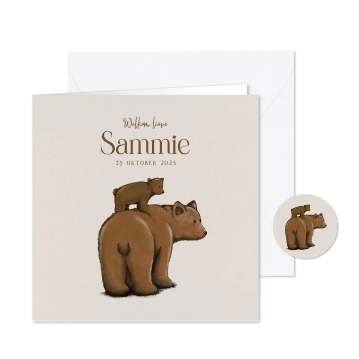 Lief geboortekaartje met tekening van beren in bruintinten