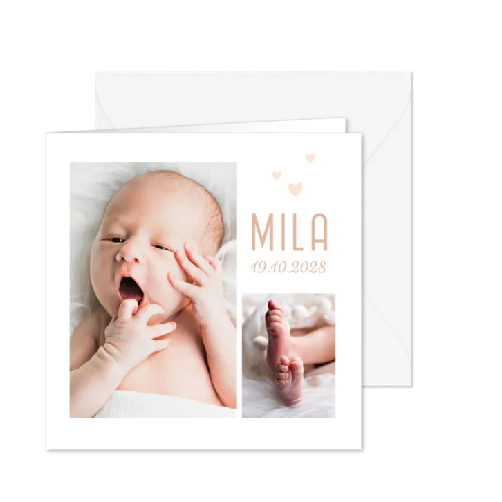 Lief geboortekaartje met twee foto's en hartjes