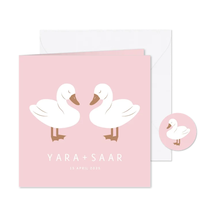 Lief geboortekaartje met twee zwaantjes roze
