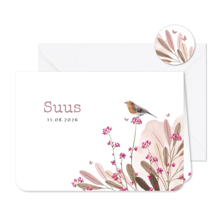 Lief geboortekaartje met velbloemen, watercolour en vogeltje