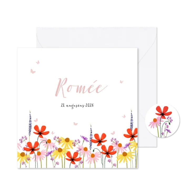 Lief geboortekaartje met veldbloemen en vlindertjes