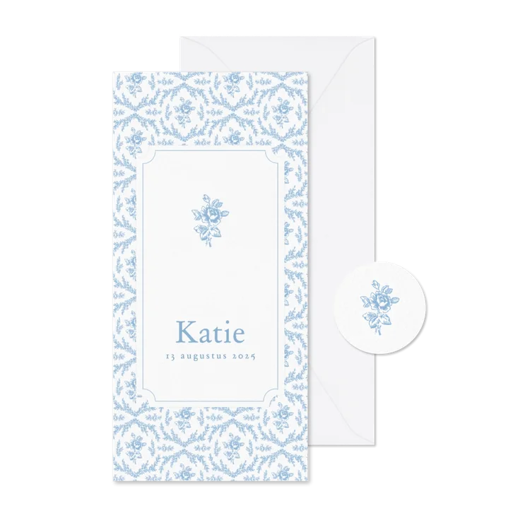 Lief geboortekaartje met vintage patroon blauwe roosjes