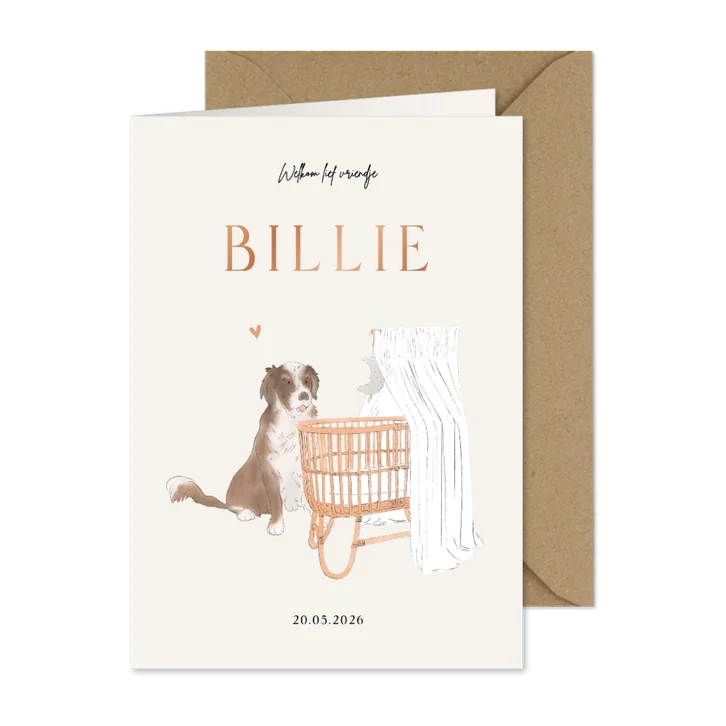 Lief geboortekaartje met vintage wieg en hond koperfolie