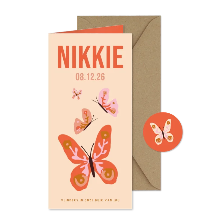Lief geboortekaartje met vlinders roze rood voor een meisje
