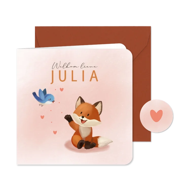 Lief geboortekaartje met vosje en vogel meisje