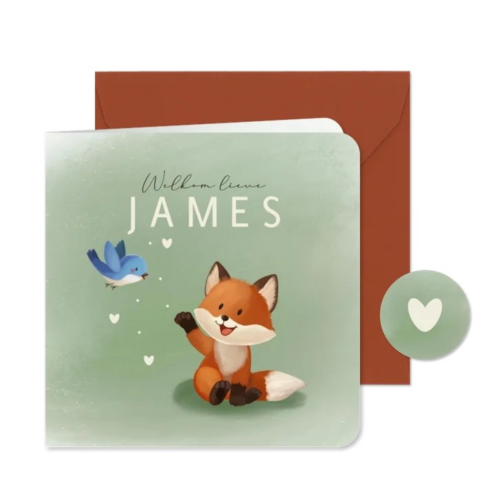 Lief geboortekaartje met vosje en vogel