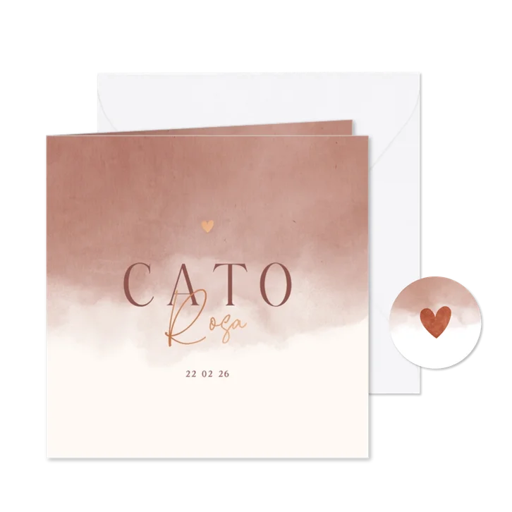 Lief geboortekaartje met zachtbruine waterverf en koperfolie