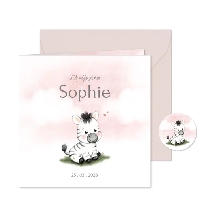 Lief geboortekaartje met zebra en roze wolken
