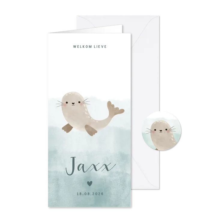 Lief geboortekaartje met zeehondje blauwe waterverf jongen