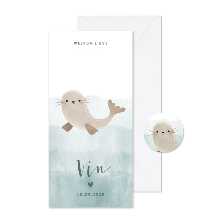Lief geboortekaartje met zeehondje en blauwe waterverf