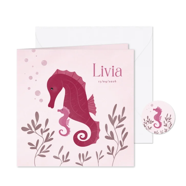 Lief geboortekaartje met zeepaardjes voor een zusje roze
