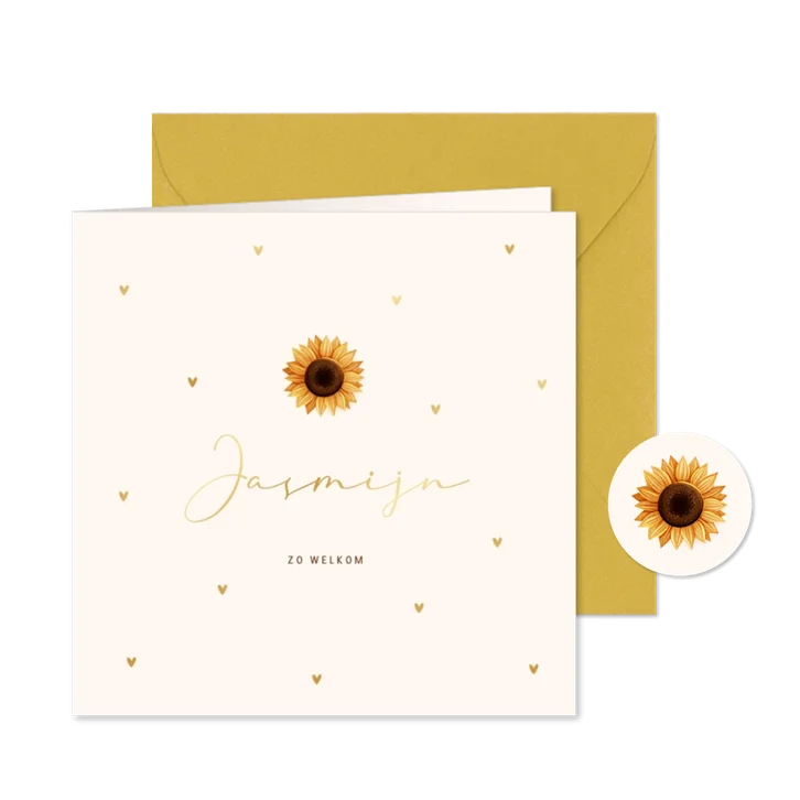 Lief geboortekaartje met zonnebloem en hartjespatroon