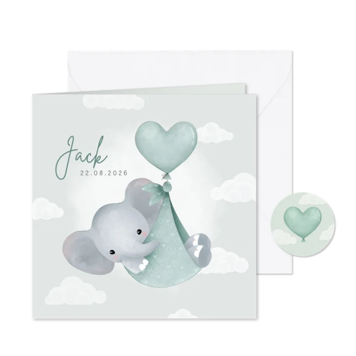 Lief geboortekaartje olifantje in draagzak, ballon & wolkjes