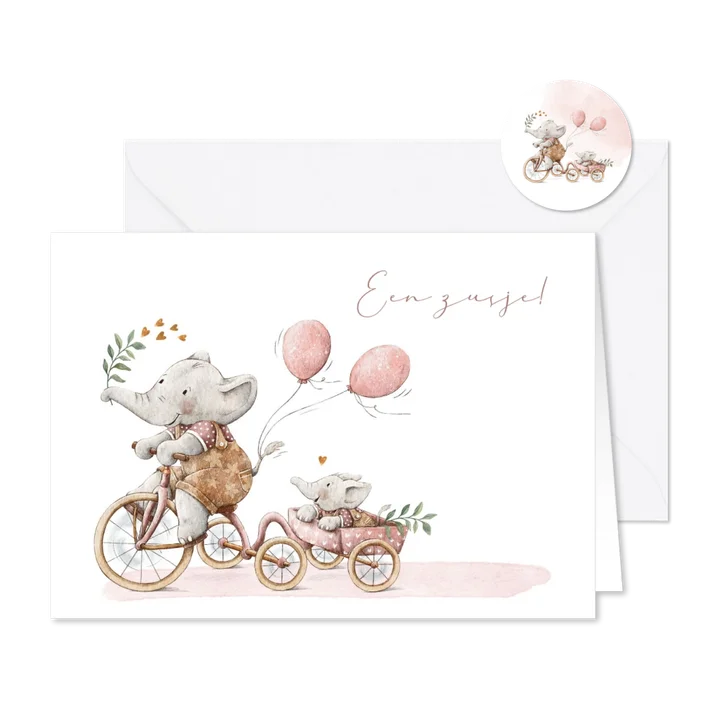 Lief geboortekaartje olifantjes zusjes samen op de fiets