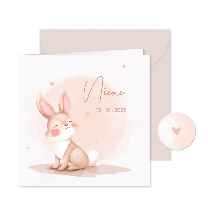Lief geboortekaartje pastel aquarel illustratie konijntje