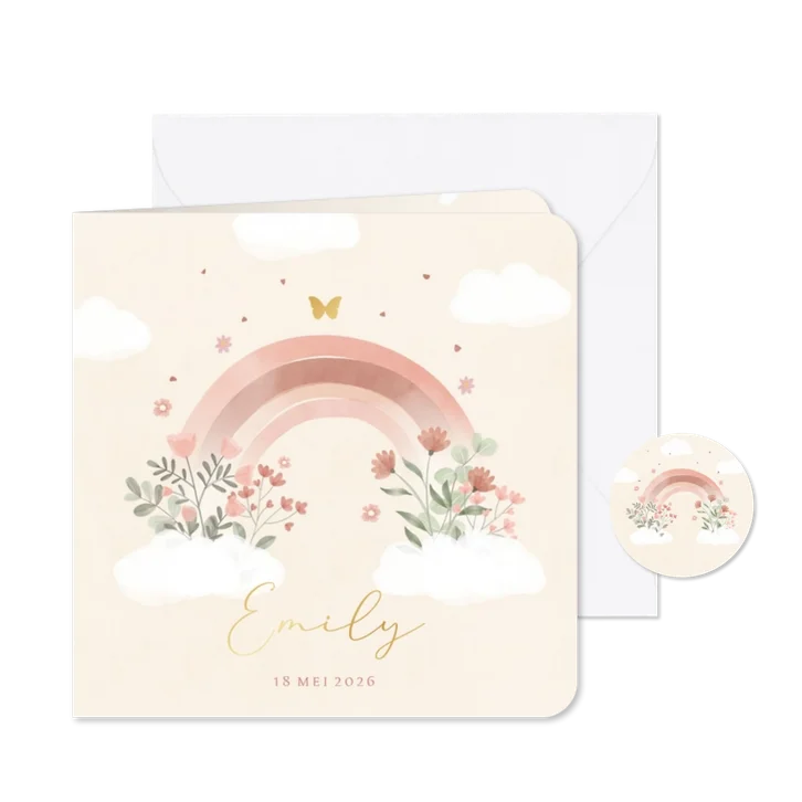 Lief geboortekaartje regenboog bloemen en vlindertje