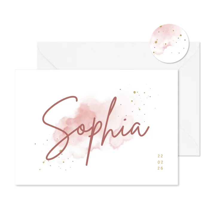 Lief geboortekaartje roze aquarel met grote naam