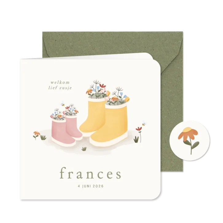 Lief geboortekaartje roze laarsjes en bloemetjes zusje