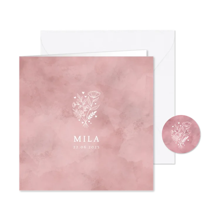 Lief geboortekaartje roze waterverf, bloemetjes en hartjes