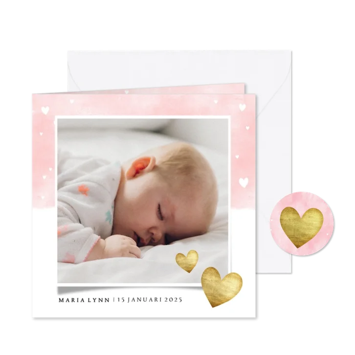 Lief geboortekaartje roze waterverf gouden hartjes