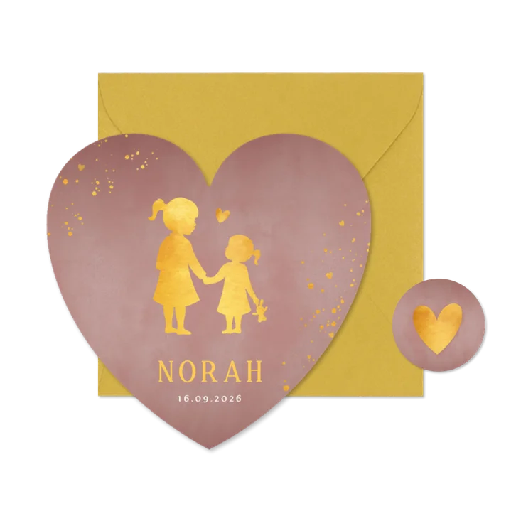 Lief geboortekaartje silhouet zus met zusje in hartjes vorm 