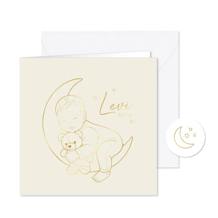Lief geboortekaartje slapend jongetje op de maan – goudfolie