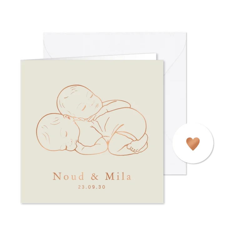 Lief geboortekaartje slapende tweeling – koperfolie