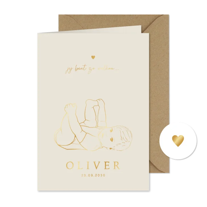 Lief geboortekaartje spelende baby – goudfolie