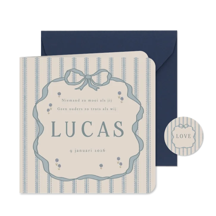 Lief geboortekaartje strik doodle met strepen en bloempjes