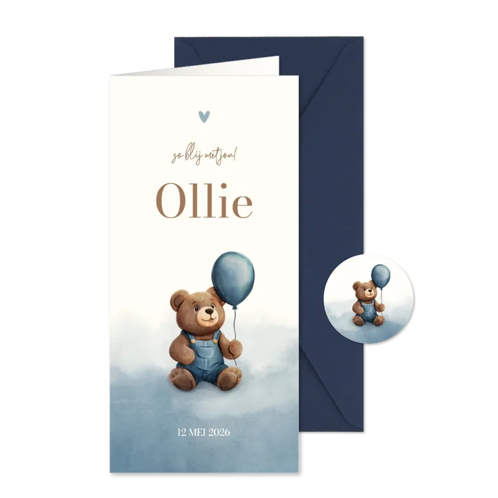 Lief geboortekaartje teddybeer met ballon blauwe waterverf
