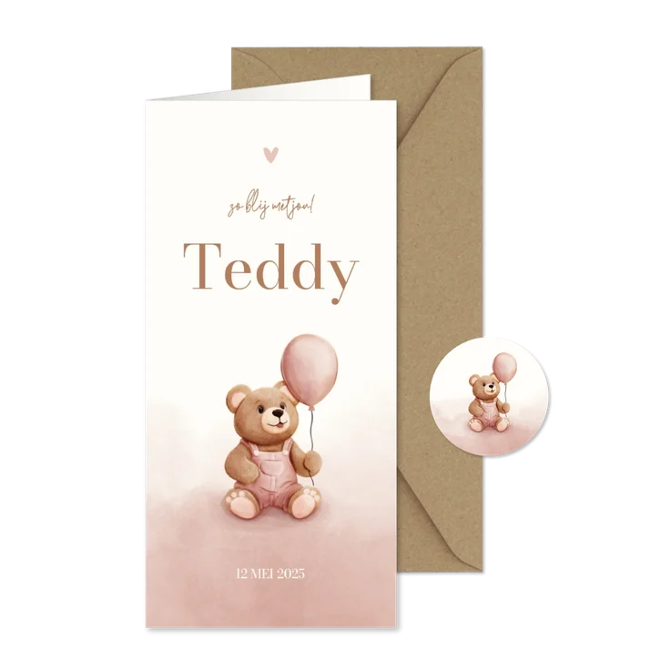 Lief geboortekaartje teddybeer met ballon roze waterverf