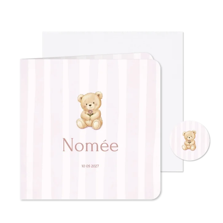 Lief geboortekaartje teddybeer op roze strepen achtergrond
