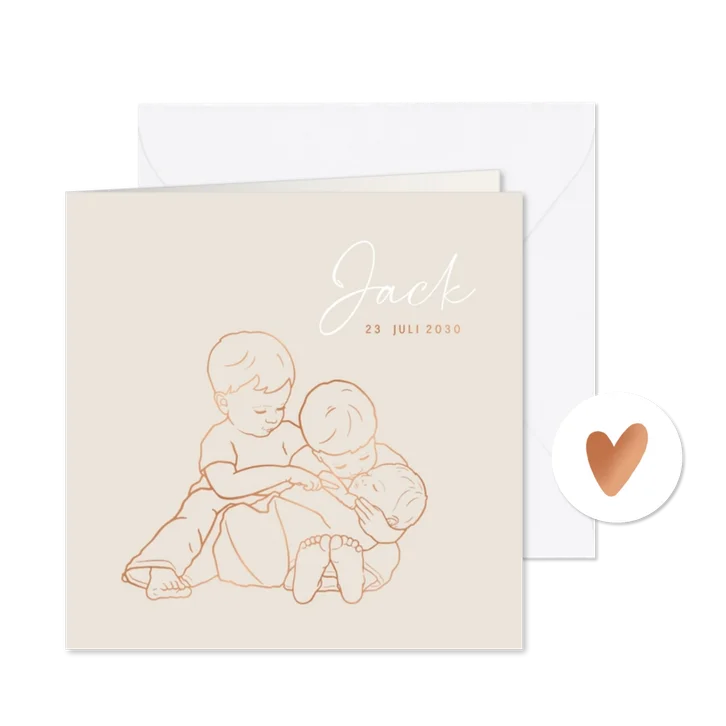 Lief geboortekaartje twee broers met baby – koperfolie