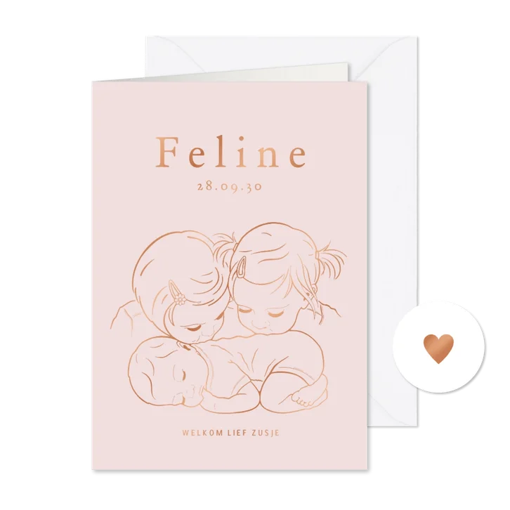 Lief geboortekaartje twee zusjes met baby – koperfolie