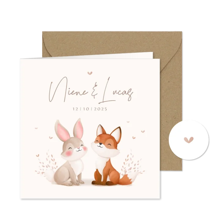 Lief geboortekaartje tweeling illustratie vosje en konijntje