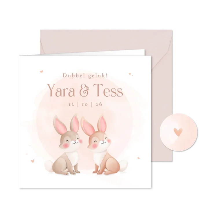 Lief geboortekaartje tweeling pastel illustratie konijntjes
