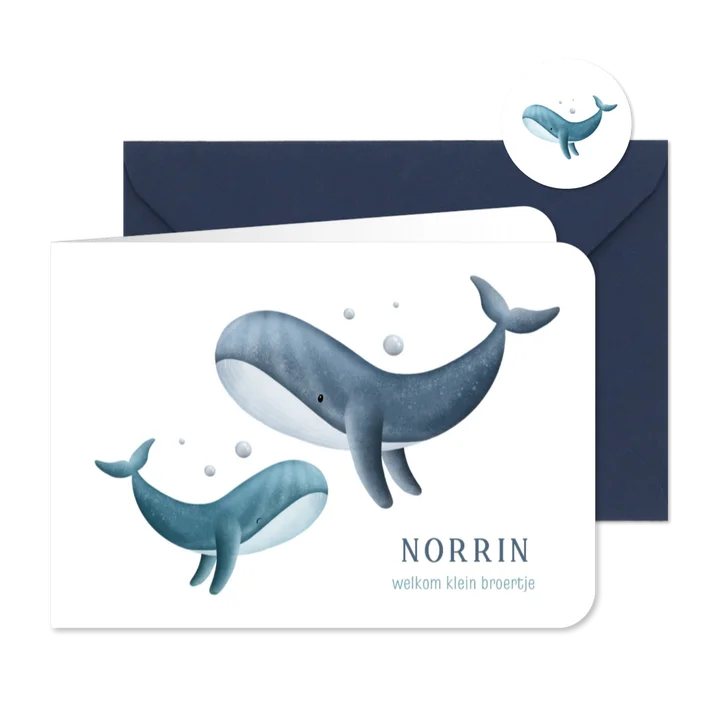 Lief geboortekaartje voor broertje twee walvissen 