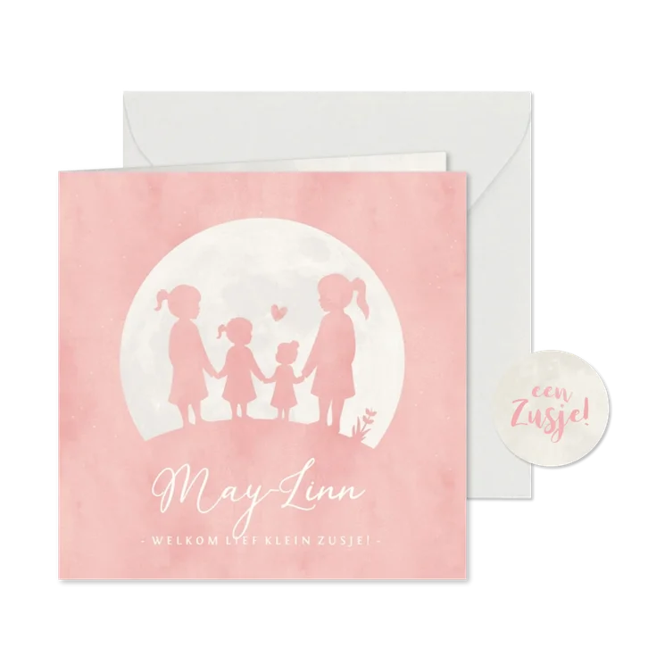 Lief geboortekaartje voor een 4e zusje met silhouetjes
