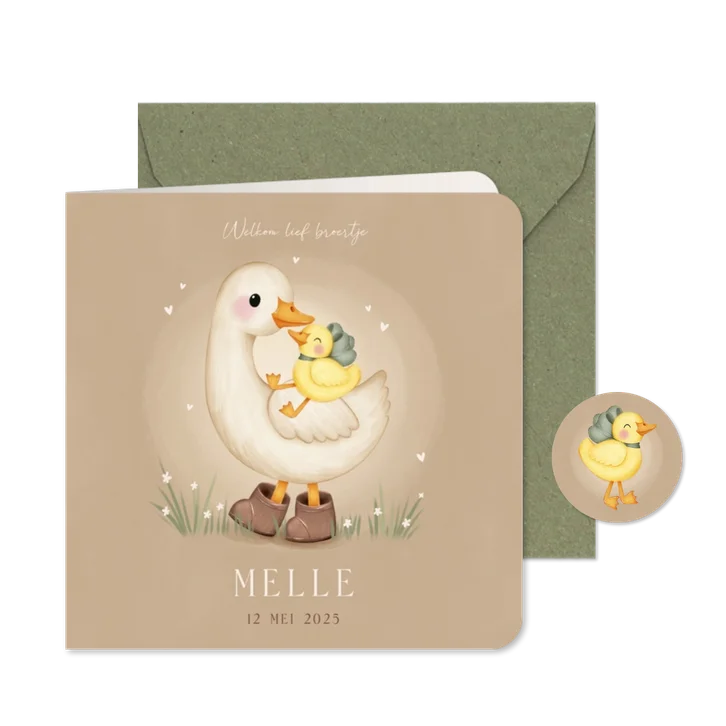 Lief geboortekaartje voor een broertje ganzen in het gras