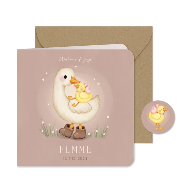 Lief geboortekaartje voor een zusje ganzen in het gras