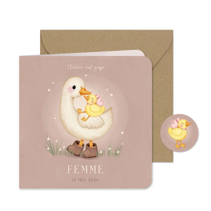 Lief geboortekaartje voor een zusje ganzen in het gras