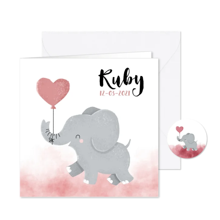 Lief geboortekaartje voor meisje met olifantje en waterverf
