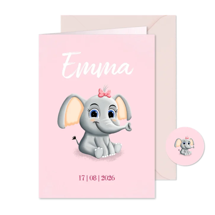 Lief geboortekaartje voor meisje met schattig olifantje